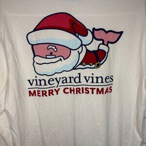 VINEYARD VINES Merry Christmas Tee Mens S White Long Sleeve Santa Whale